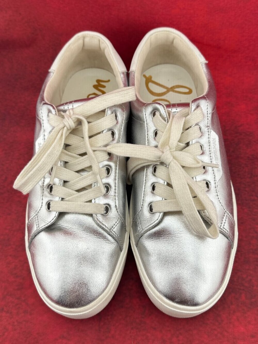 SAM EDELMAN WOMEN ETHYL LACE UP LEATHER CASUAL SNEAKER METALIC SILVER SIZE 9M